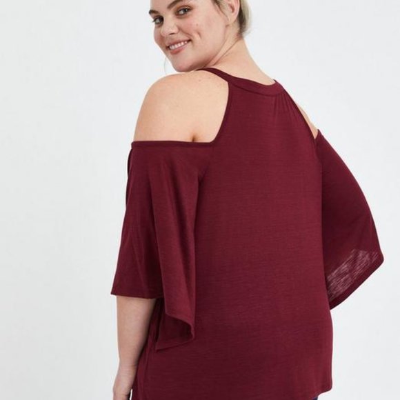 Torrid Knit Jersey Crew Neck Lace Inset Cold Shoulder Top - Picture 2 of 6